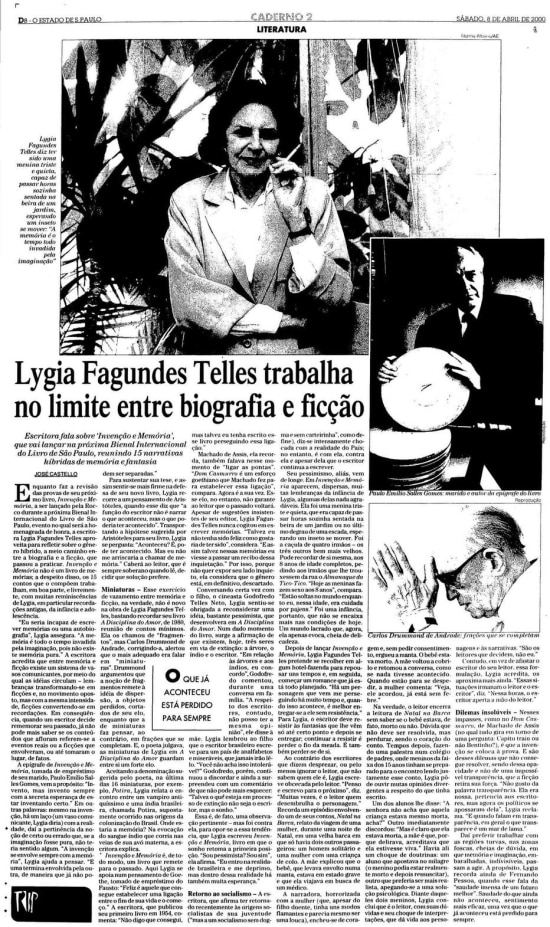 A escritora Lygia Fagundes Telles no Estadão de 8/4/2000.