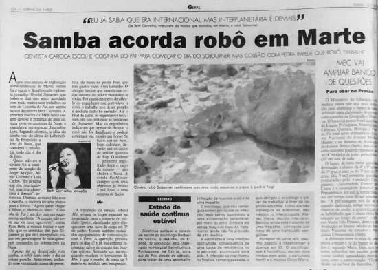 Reportagem sobre a música 'Coisinha do Pai', gravada por Berh Carvalho, ser usada pela Nasa para acordar robô em Marte. Jornal da Tarde, 12/7/1997.
