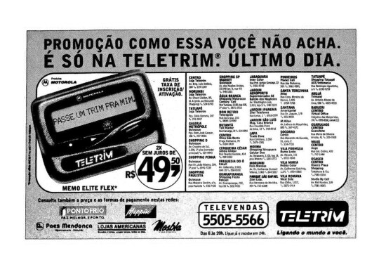Anúncio de Pager, publicado no Estadão de 30/4/1998