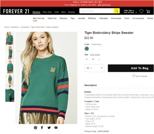 Forever 21 O processo fala de três jaquetas bomber, um suéter e uma gargantilha