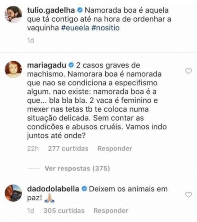 Instagram/@tulio.gadelha Maria Gadu e Dado Dolabella criticam foto de Túlio Gadêlha.