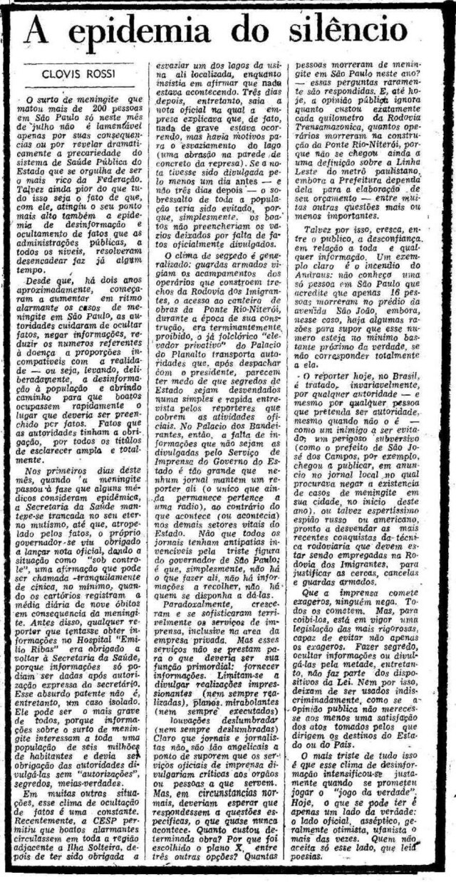 Texto de Clóvis Rossi censurado pela ditadura militar em 26/7/1974.