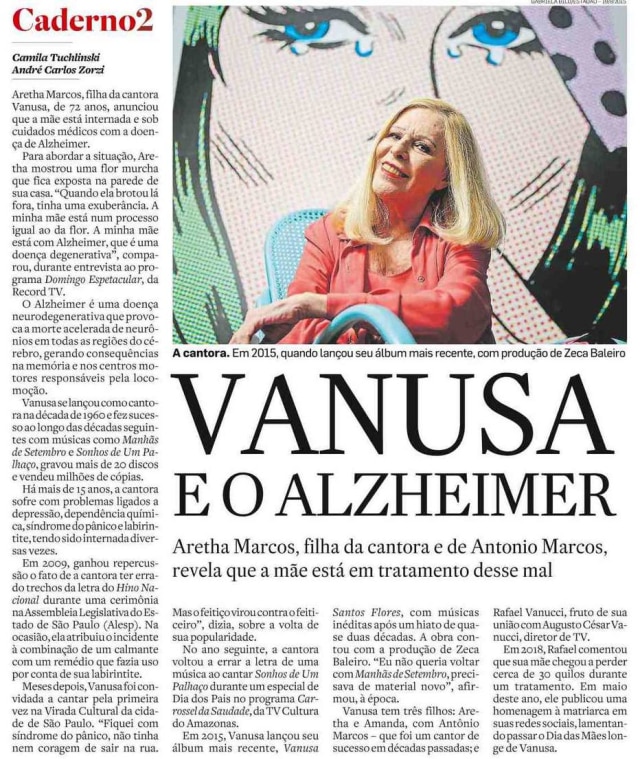 Acervo Estadão A filha Aretha Marcos fala sobre a doença de Vanusa em 2020