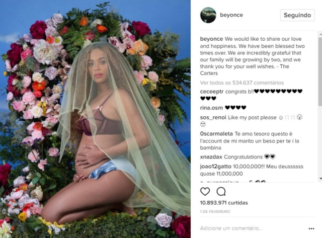 https://www.instagram.com/beyonce/ Post de anúncio da gravidez tem mais 10 milhões de curtidas