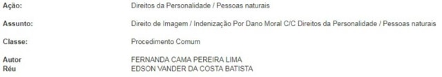 Reprodução / TJ/RJ Detalhes do processo movido pela apresentadora Fernanda Lima contra o cantor Eduardo Costa (nome artístico de Edson Vander da Costa Batista).