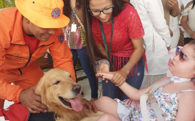 Shirlene Fernandes / Arquivo Pessoal Maria Nicole durante a visita de Thor, o cachorro do Corpo de Bombeiros que foi visitá-la em hospital. De vermelho, a jovem estudante de medicina, Mariana, observa o contato entre o pet e a criança.