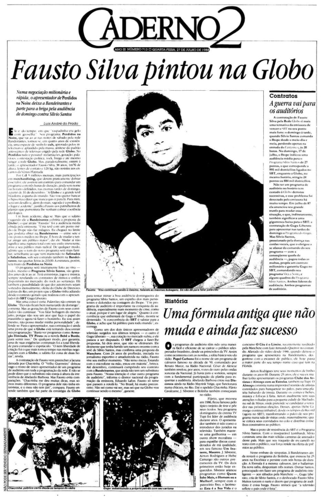 Acervo Estadão Reportagem sobre Faustão na Globo em 27/7/1988