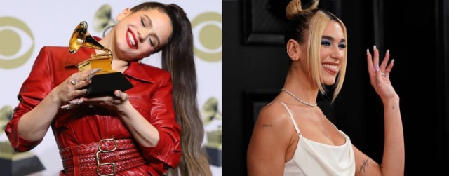 Monica Almeida / Reuters I Mike Blake / Reuters As cantoras Rosalía e Dua Lipa durante a cerimônia do Grammy 2020
