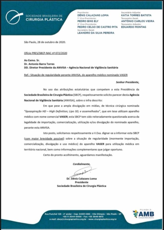 Reprodução Carta enviada pelo presidente da SBCP à Anvisa no dia 28 de outubro de 2020