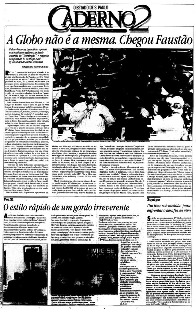 Acervo Estadão "A Globo não é a mesma. Chegou Faustão" no jornal de 18/5/1989