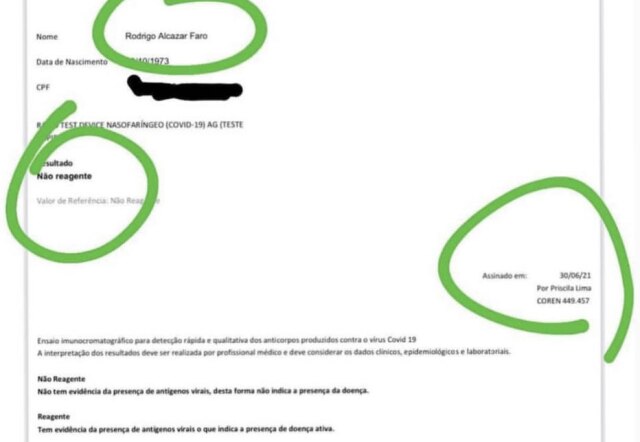 Instagram/@rodrigofaro Resultado negativo de exame para covid-19, feito no dia 30 de junho, apresentado por Rodrigo Faro