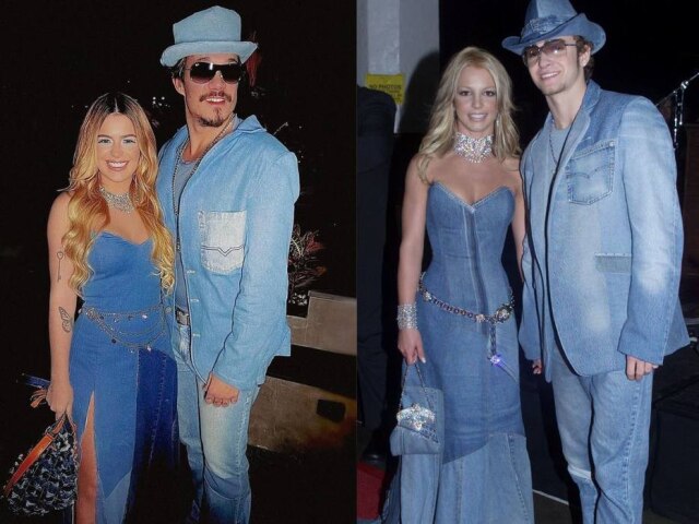 Instagram/@viihtube e Rose Prouser/Reuters Viih Tube e Eliezer recriaram figurino jeans de Britney Spears e Justin Timberlake.