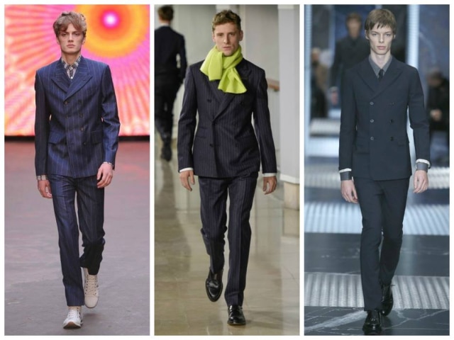 divulgação Versões moderninhas do blazer de abotoamento duplo: com dez botões no desfile da Topman, risca de giz no da Hermès e bem justinho no da Prada