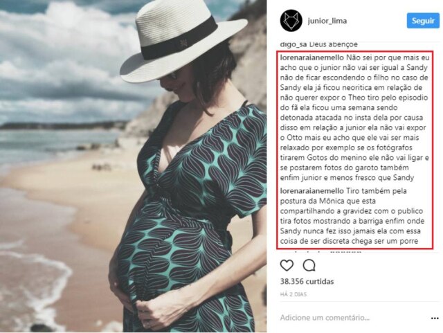 Instagram.com/junior_lima Fã critica Sandy em post de Junior Lima.