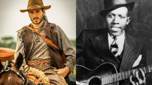 Globo/João Miguel Júnior e Twitter/@nietzsche4speed Em 'Pantanal', Tibério (Gabriel Sater) invocou o diabo para salvar o Velho do Rio. Na música, há uma lenda de que Robert Johnson tenha feito um ritual e trocado sua alma pelo dom do blues.