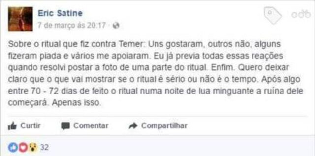 Facebook/EricSatine Post de Eric Satine no dia 7 de março 'acertando' o dia exato da ruína de Michel Temer