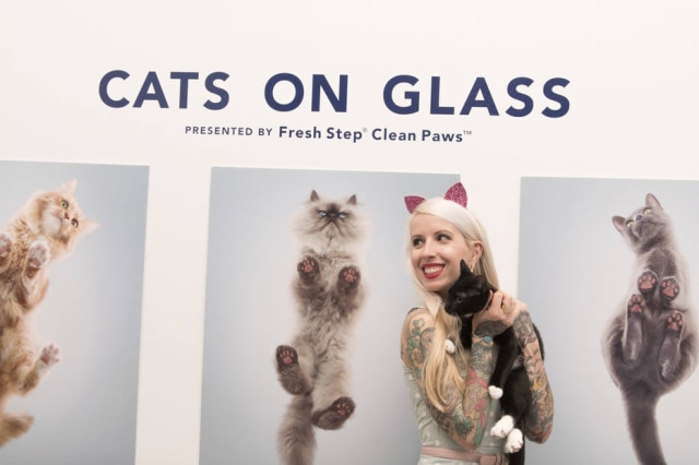 Loren Wohl for Fresh Step/AP A influenciadora digital e 'cat lover' Hannah Shaw, também conhecida como Kitten Lady, na feira Cats on Glass Gallery.