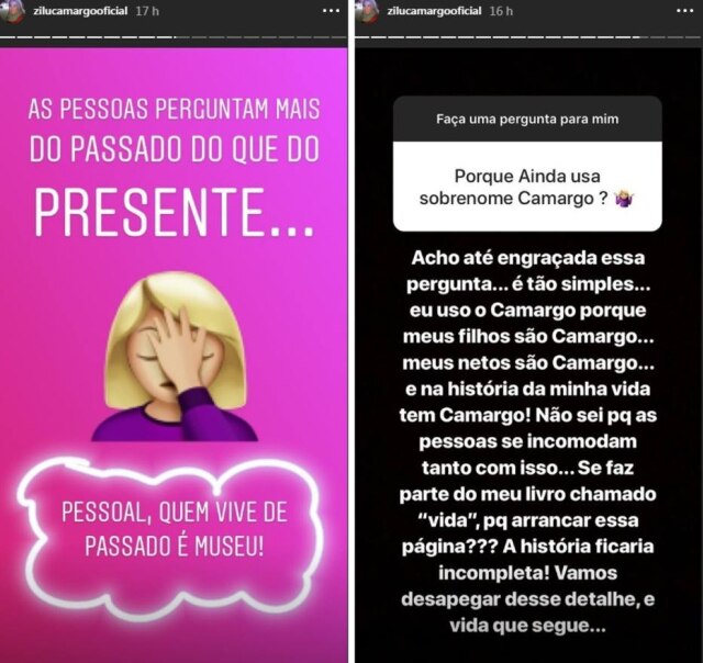 Instagram / @zilucamargooficial Stories publicados por Zilu Camargo