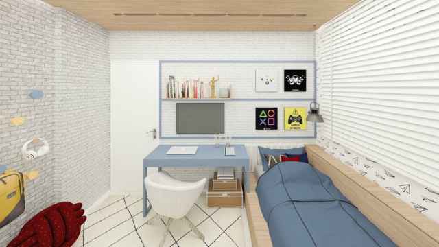 João Martins Arquitetura Paar otimizar espaço, a escrivaninha com poltrona, fica anexa à cama
