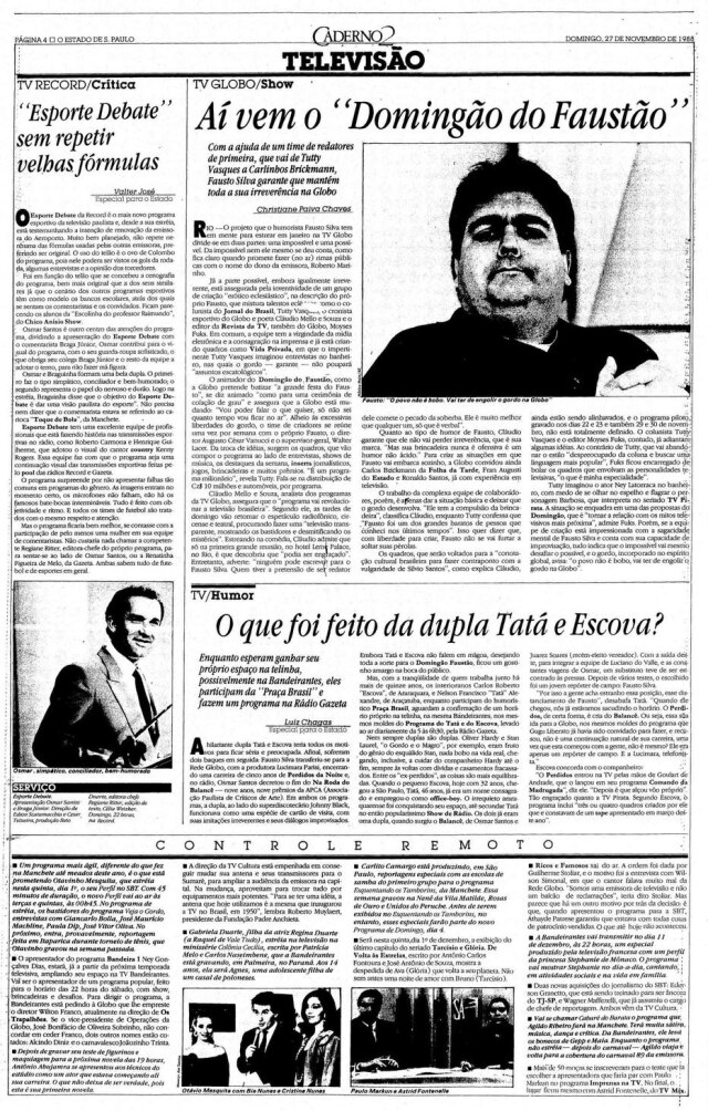 Acervo Estadão Reportagem sobre Faustão na Globo em 27/11/1988