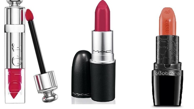 Reprodução Da esq. para a dir.: Fluid Stick, da Dior, Retro Matte, da M.A.C, e batom da coleção Tropical Colors, de O Boticário