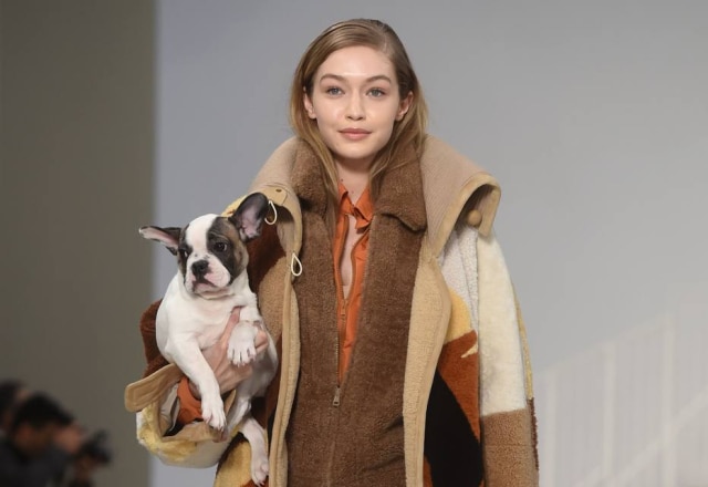 AFP PHOTO / Filippo MONTEFORTE Gigi Hadid foi uma das modelos escolhidas para desfilar com um cachorrinho