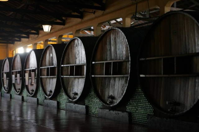 Barricas de vinho na Vinícola Baudron no município de Mendoza