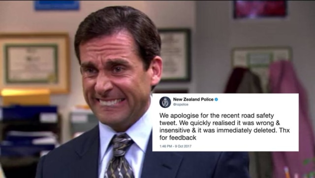 Reprodução de cena da série 'The Office'/NBC | Twitter/@nzpolice A polícia da Nova Zelândia se desculpou após cometer uma gafe no Twitter e postar piada de mau gosto