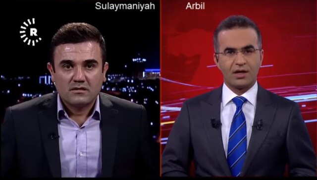 Reprodução de Rudaw Tv News (2017) À esquerda, o entrevistado Ismail Namiq, do movimento curdo no Iraque, e à direita, Hiwa Jamal, jornalista
