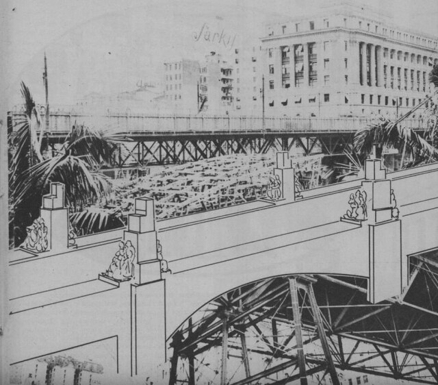 Acervo/ Estadão Imagem do antigo Viaduto do Chá com montagem do desenho da novo projeto, arte publicado no Suplemento Rotogravura de 01/02/1937.