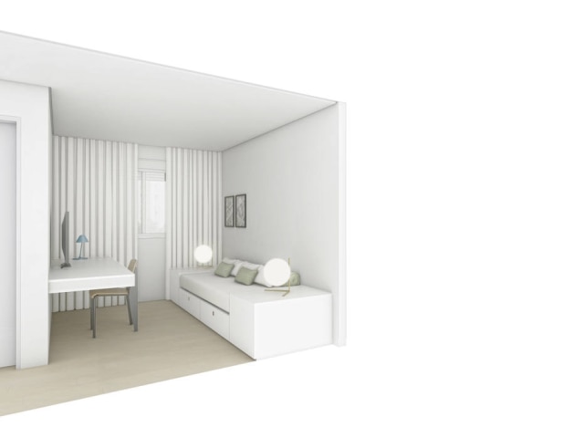 GDL ARQUITETUR Ambientação neutra e atemporal para home office que, eventualmente, pode se converter em quarto de hóspedes.