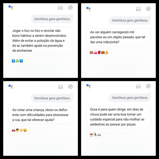 Google Assistente/Reprodução Exemplos de sugestões que o Google Assistente dá por meio do comando 'Ok Google, gentileza gera gentileza'.