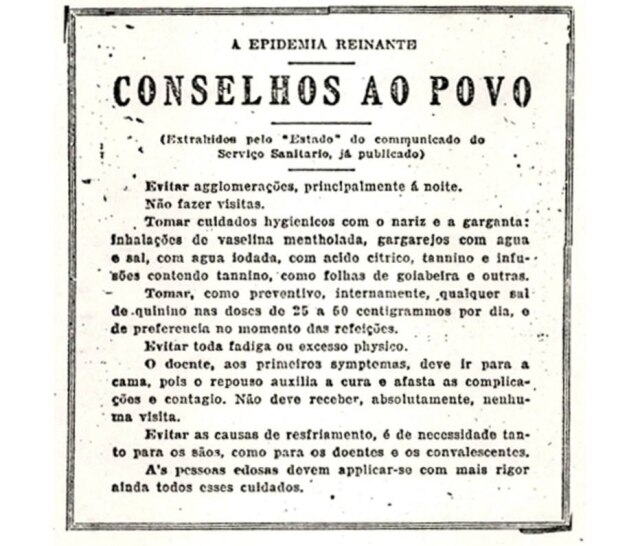 Acervo/Estadão Comunicado do Serviço Sanitário para prevenção da gripe espanhol, 1918.