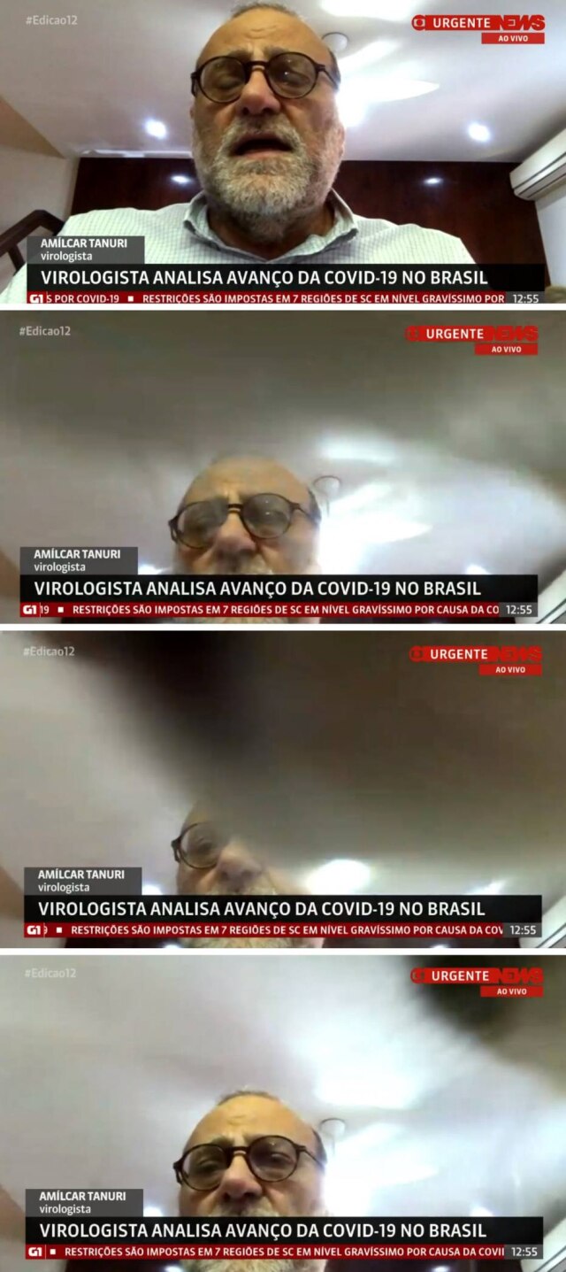 Reprodução de Globo News (2020) Momento em que gata 'invade' entrevista ao vivo na Globo News e derruba o celular de médico