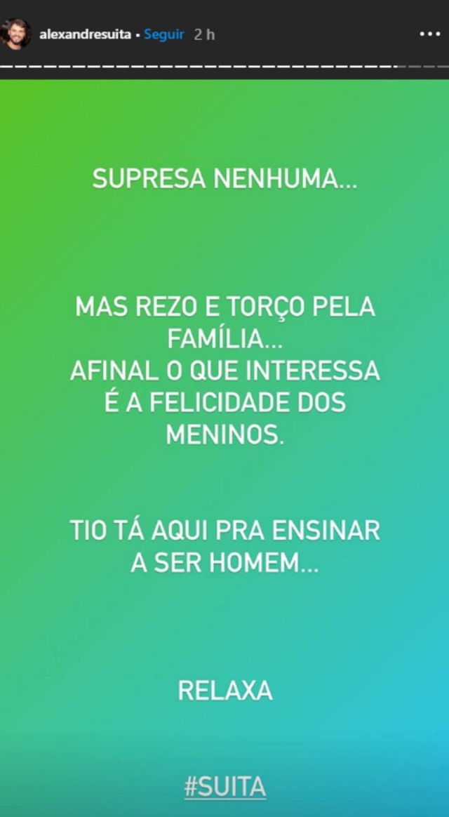 Instagram / @alexandresuita Alexandre Suita, irmão de Andressa Suita, publicou um story em sua conta no Instagram em que parece falar sobre a separação