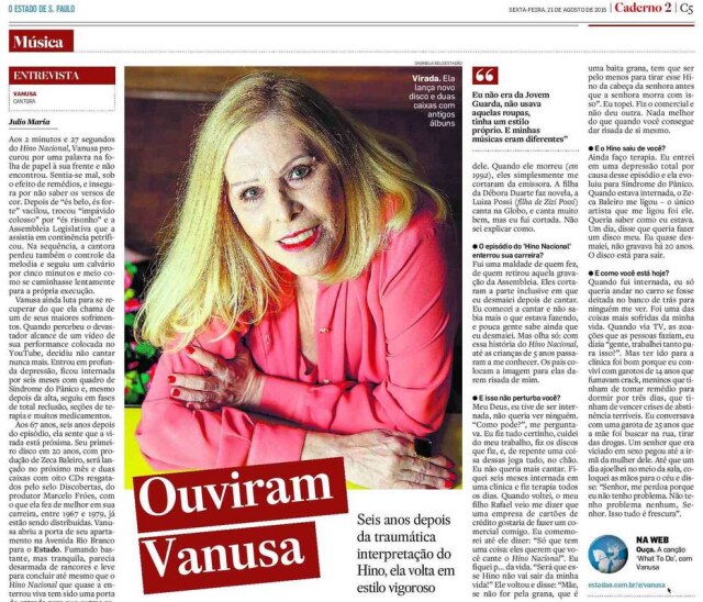 Acervo Estadão Entrevista de Vanusa após um dos momentos mais difíceis da carreira em 2015