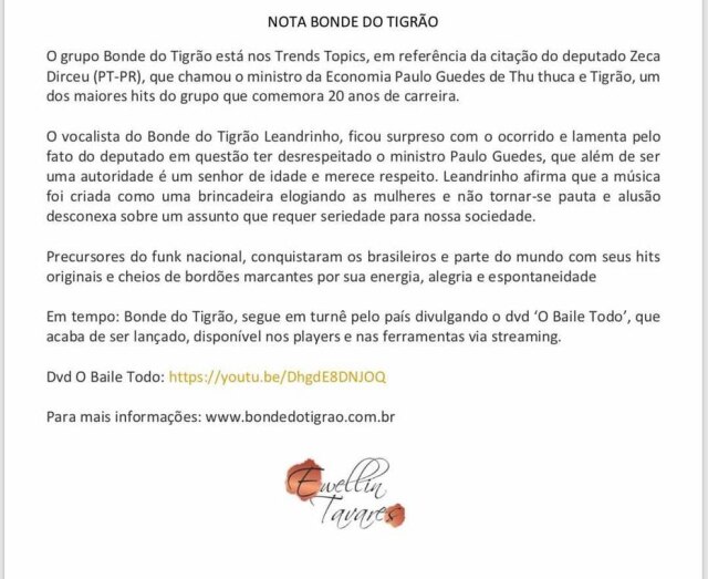 Instagram / @bondedotigrao Nota divulgada pelo Bonde do Tigrão após Zeca Dirceu usar o termo 'tchutchuca' para se referir a Paulo Guedes.