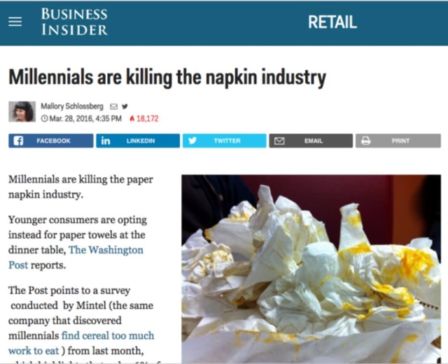 Reprodução/Buzzfeed Millennials estão matando a indústria de guardanapo de papel.