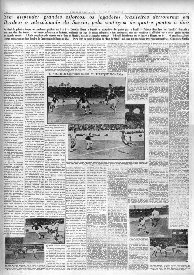 Acervo Estadão Página do Estadão de 21/6/1938 com o 3º lugar do Brasil na Copa do Mundo.