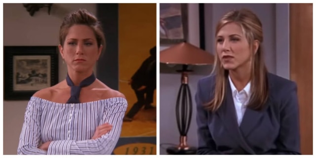 Reprodução de 'Friends' / Favorite Videos e burakisalsohere/YouTube A atriz Jennifer Aniston interpretando Rachel Green, em 'Friends'; a personagem trabalha por um período na Ralph Lauren.