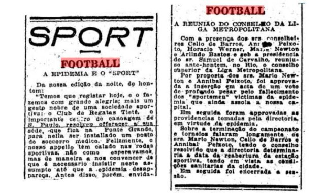 Acervo/ Estadão Notícia da adaptação da sede do Clube de Regatas Tietê para atender os doentes e nota de pesar pelos "sportsman" (atletas) mortos pela gripe espanhola, 1918. Clique aqui e aqui para ver as páginas