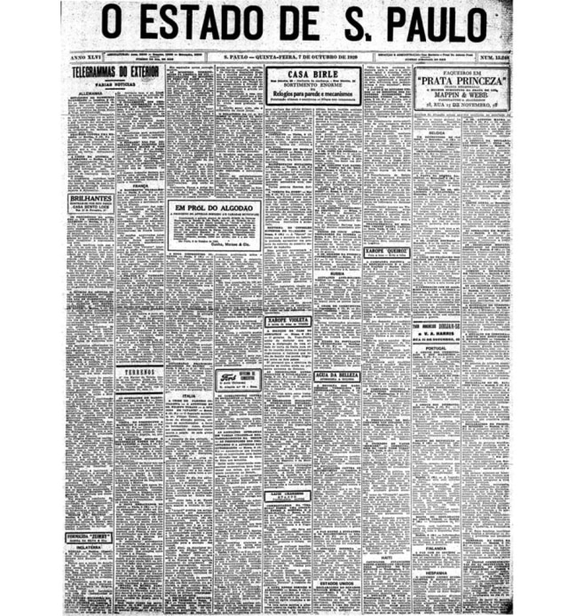 Acervo/Estadão Capa do Estadão de 07/10/1920