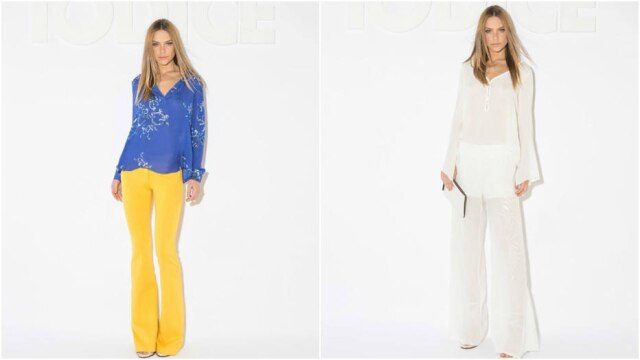 Divulgação Calça amarela: de R$ 498 por R$ 119. Calça branca: de R$ 998 por R$ 299