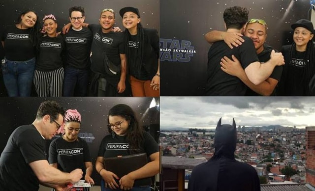 PerifaCon / Divulgação Encontro de J. J. Abrams com o quarteto fundador da PerifaCon. Na última foto, um jovem aparece vestido de Batman enquanto olha para o horizonte do Capão Redondo, periferia de São Paulo.