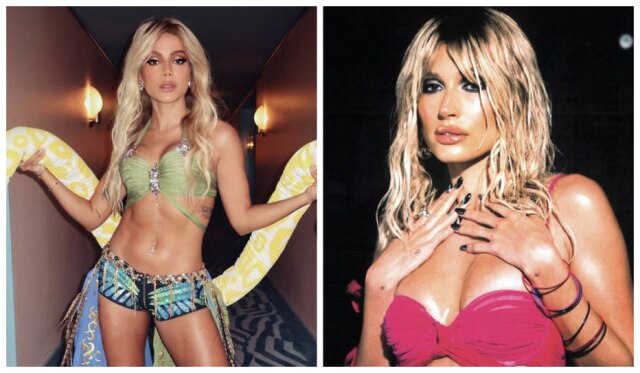 Instagram/@anitta/@haileybieber A cantora Anitta e a modelo Hailey Bieber se 'vestiram' de Britney Spears neste Halloween
