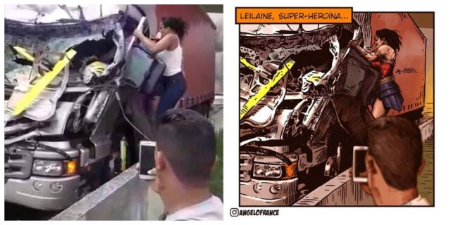 Facebook/Filosofia.dia | Instagram/@angelofrance Ilustrador homenageou cena em que mulher ajuda motorista após acidente.