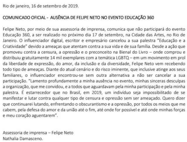 Comunicado oficial divulgado pela assessoria de Felipe Neto após o youtuber receber ameaças.