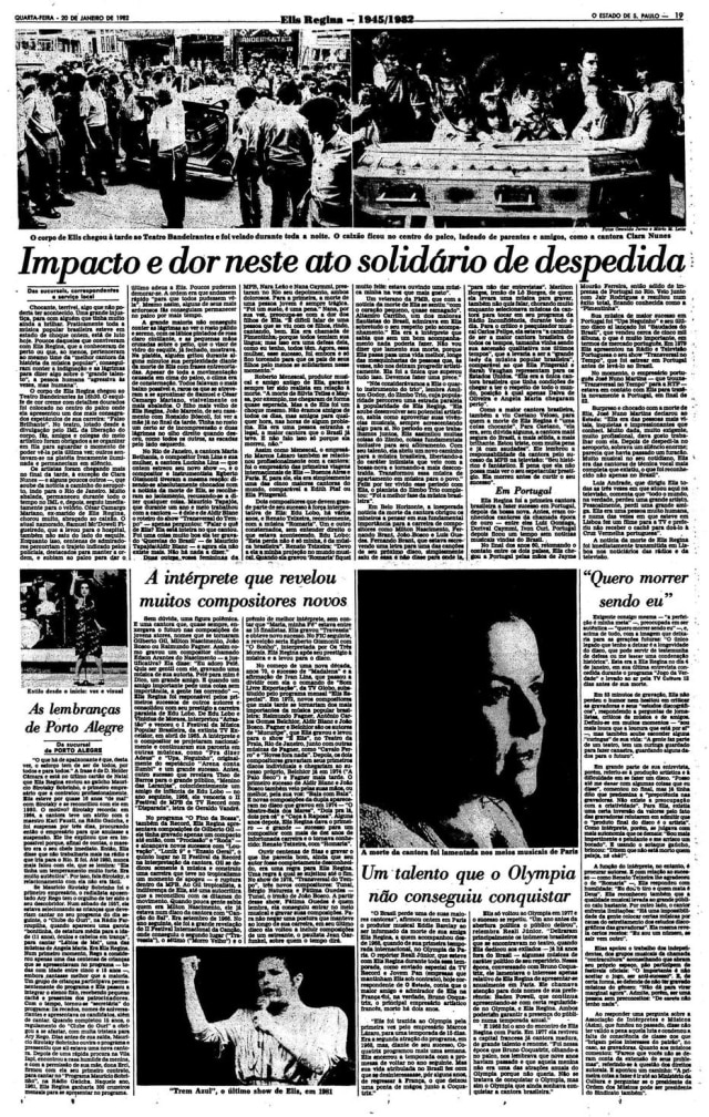 Acervo Estadão Notícias da morte de Elis Regina no Estadão de 20/1/1982