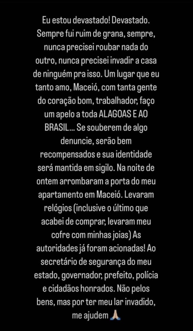 Carlinhos Maia disse que ladrões roubaram objetos em seu imóvel, o prejuízo estimado é superior a R$ 5 milhões.
