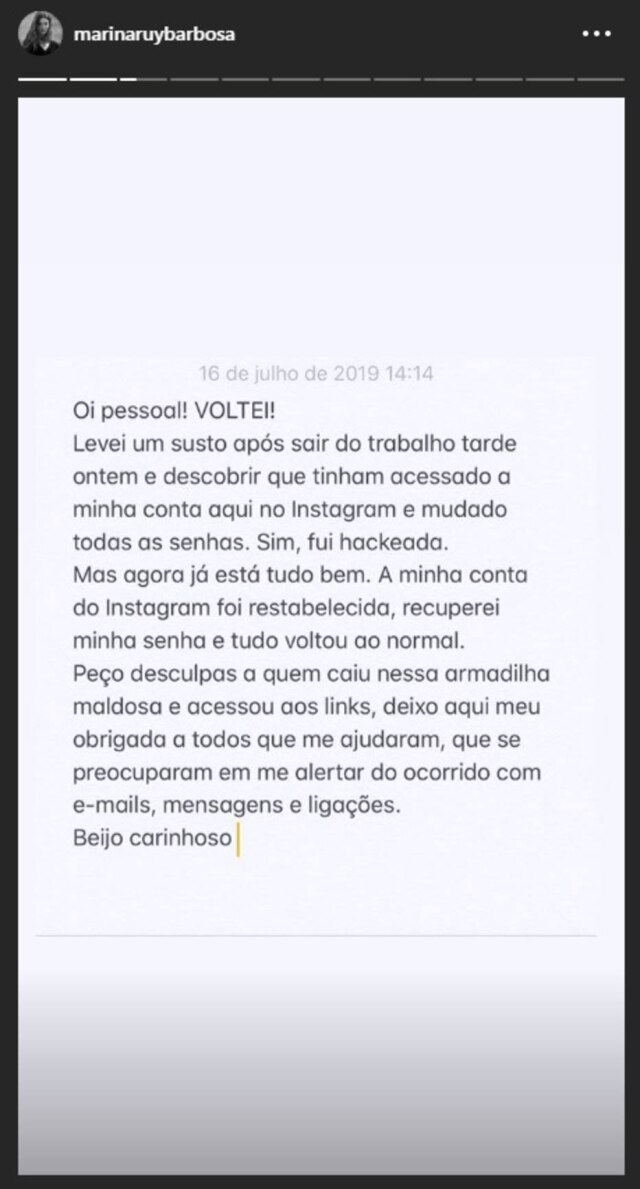 Instagram @marinaruybarbosa Story postado por Marina Ruy Barbosa